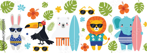 Cute summer animals with surfboards tropical beach characters rabbit lion toucan sheep and elephant vector illustration set