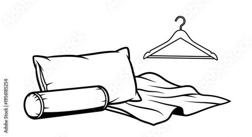 Pillow, bolster, blanket, and hanger line art illustration.
