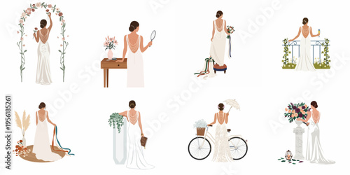Collection of elegant bride illustrations from the back in various romantic wedding settings featuring backless gowns, flowers, and decorations.