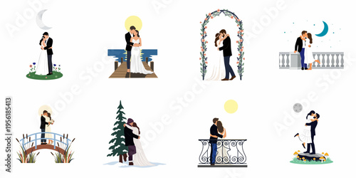 Collection of eight romantic wedding and engagement illustrations featuring couples kissing and hugging in various scenic backgrounds like bridges, docks, and floral arches.