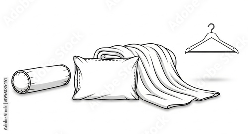 Cozy Bedroom Essentials - Pillow, Blanket, Bolster, and Hanger Sketch.