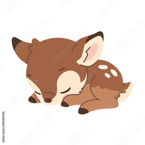Cute sleeping baby deer illustration in kawaii style. Adorable fawn curled up and resting, hand drawn cartoon character with soft pastel colors. Perfect for nursery design, baby products, kids print, 