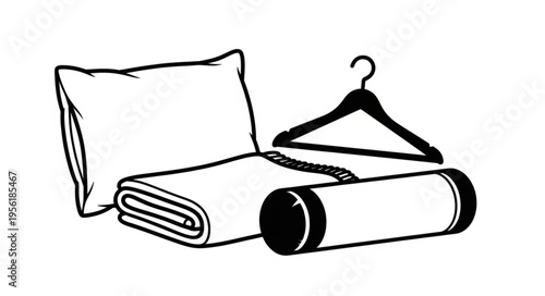Pillow, Rolled Blanket, Folded Blanket, and Hanger Illustration.