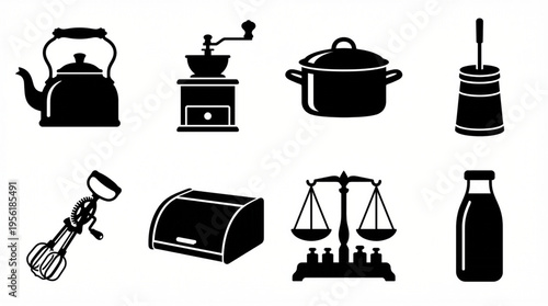 Collection of kitchen utensils and appliances, including a kettle, coffee grinder, pot, toilet brush, whisk, bread bin, weighing scale, and milk bottle