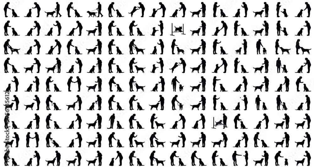 Fototapeta premium Dog Training Silhouettes Set Pack. Editable Vector Stroke Illustration. featuring person, people, human, woman, man, girl, boy, child, adult, trainer, owner, dog, pet, animal, canine, puppy more