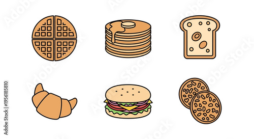 Delicious breakfast food icons including waffles, pancakes, toast, croissant, burger, and cookies.
