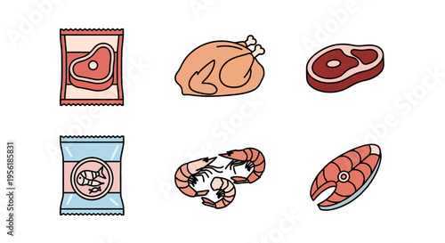 Various types of raw meat and seafood in a colorful illustration.