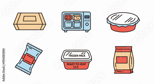 Various containers of prepared food for microwave heating and consumption.