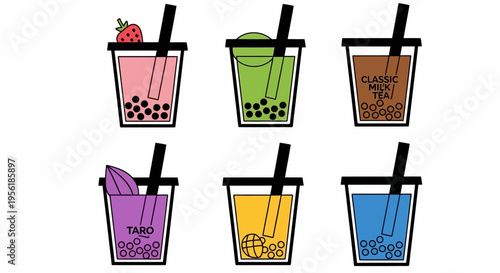 Colorful bubble tea drinks with different flavors and toppings in plastic cups.