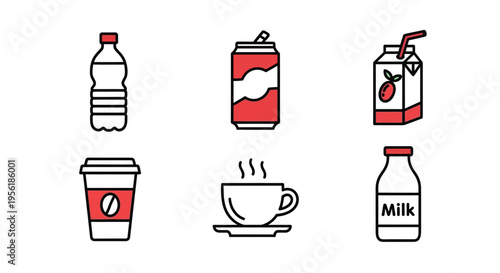 Set of various beverage icons in red and black colors on white background.