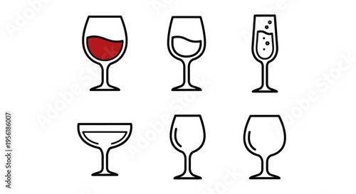 Set of six different wine glasses with various beverages and drinks.