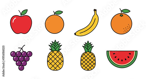 Colorful illustration of various fresh fruits isolated on white background.