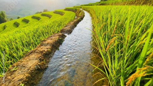 A narrow irrigation canal flows gracefully through lush, vibrant green rice paddies, showcasing bountiful agriculture with some ripening golden grains under a bright natural light, highlighting the