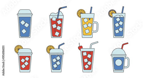 Colorful and refreshing iced beverages with straws and ice cubes in various glasses.
