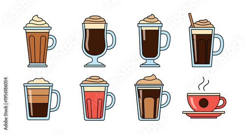 Delicious coffee drinks in various styles with whipped cream and steam, vector illustration.