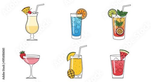 Colorful cocktail drinks with various fruits and ice in glasses on white background.