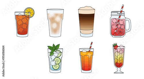 Collection of refreshing beverages with ice, straws, and garnishes for summer.