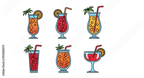 Colorful cocktail drinks with ice cubes and straws, vector illustration set.