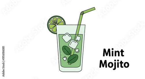 Refreshing illustration of a mint mojito cocktail with lime and ice cubes.