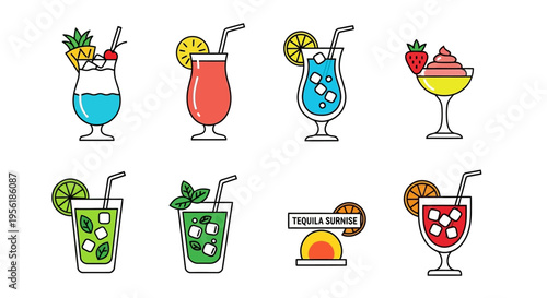 Colorful cocktail illustrations with various fruits and refreshing drinks for summer.