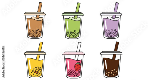 Colorful assortment of refreshing bubble tea drinks with various flavors and toppings.