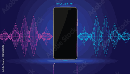 Smart Phone Voice Assistant: A sleek smart phone, at the heart of technological innovation, sits center stage, resonating with dynamic sound waves that embody its interactive capabilities.