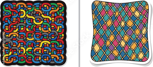 Vibrant vector graphics featuring a complex, multicolored interlaced link pattern and a colorful diamond-grid mosaic, both presented as textured square patches with a modern, artistic feel.
