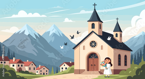 Young Girl in White Dress Holding Flowers Outside Church.