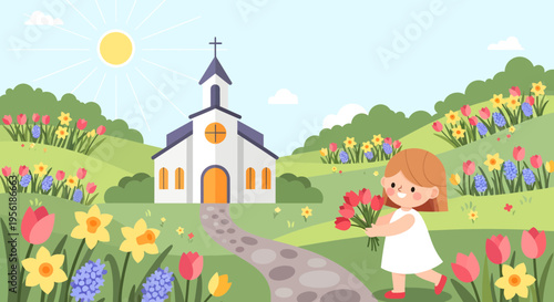 Young girl holding bouquet of flowers near church.