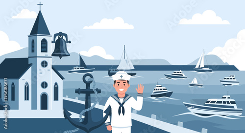 Young Sailor Waving Hello in a Nautical Town.
