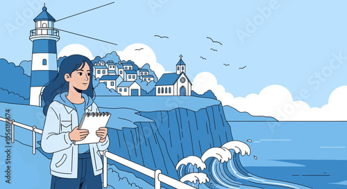 Young woman artist sketching coastal landscape with lighthouse.
