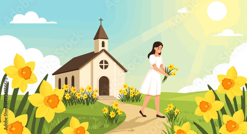 Young Woman in White Dress Holding Daffodils.
