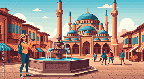 Young Woman Tourist Capturing Memories with Camera in Historic Town Square.