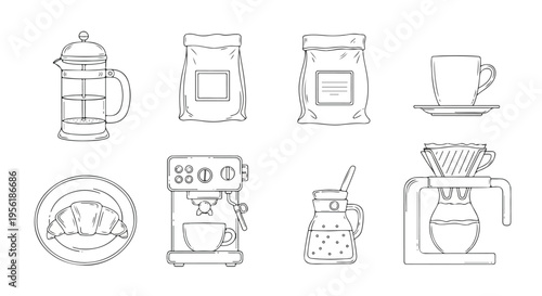 A collection of hand-drawn line art illustrations depicting coffee preparation tools, packaged coffee beans, a cup, and a breakfast pastry.