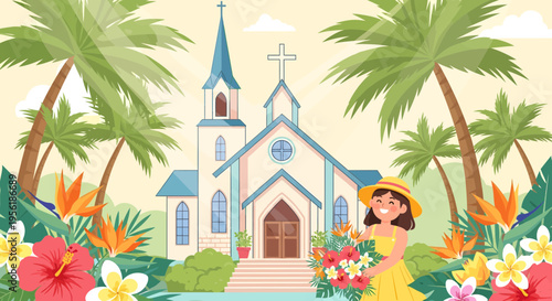 Young Woman in Yellow Dress Holding Flowers.