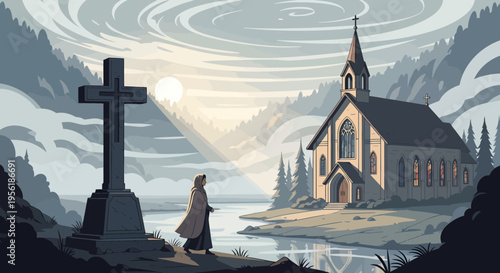 A lone figure walks towards a church and a cross.