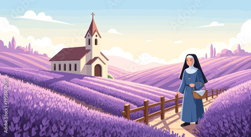A nun in a blue habit walking through a lavender field.