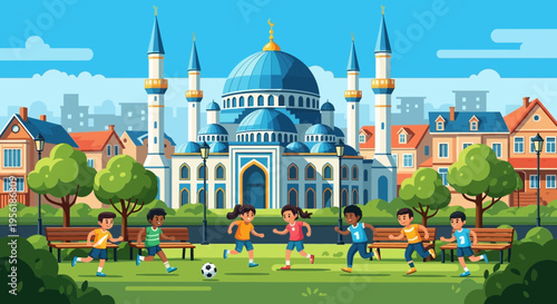 Children playing soccer in a park with a mosque in the background.
