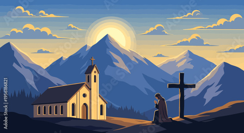 Christian prayer at sunrise near church and mountains.