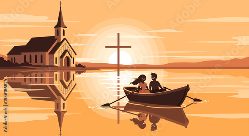 Couple rowing boat towards church and cross at sunset.