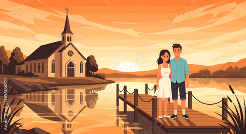Couple Standing on Dock at Sunset.