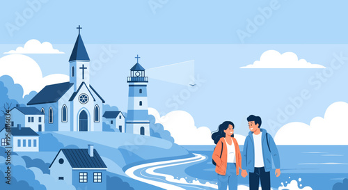 Couple walking hand in hand on a scenic coastal path.