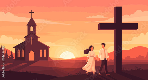 Couple walking towards church at sunset.
