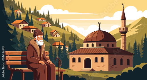 Elderly Man Sitting on Bench Near Mosque.