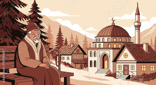 Elderly man with white beard and traditional hat sitting on bench.