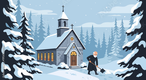 Elderly Man Shoveling Snow Outside Church.