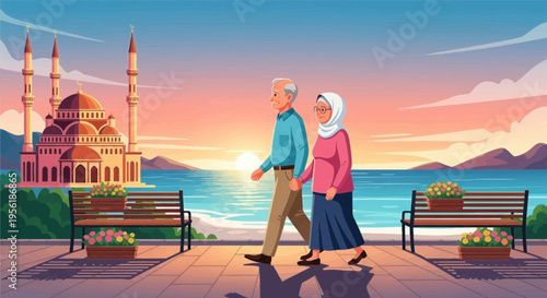 Elderly Muslim Couple Walking Together Happily.