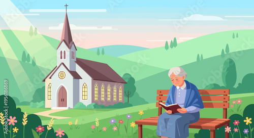 Elderly Woman Reading Book on Bench Outdoors.