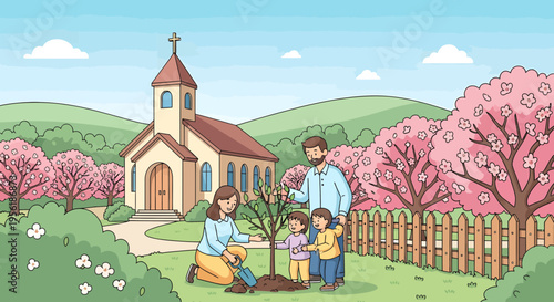 Family planting a tree with their dog near a church.