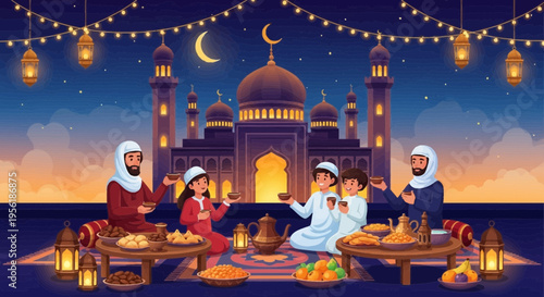 Family celebrating Ramadan evening together outdoors.